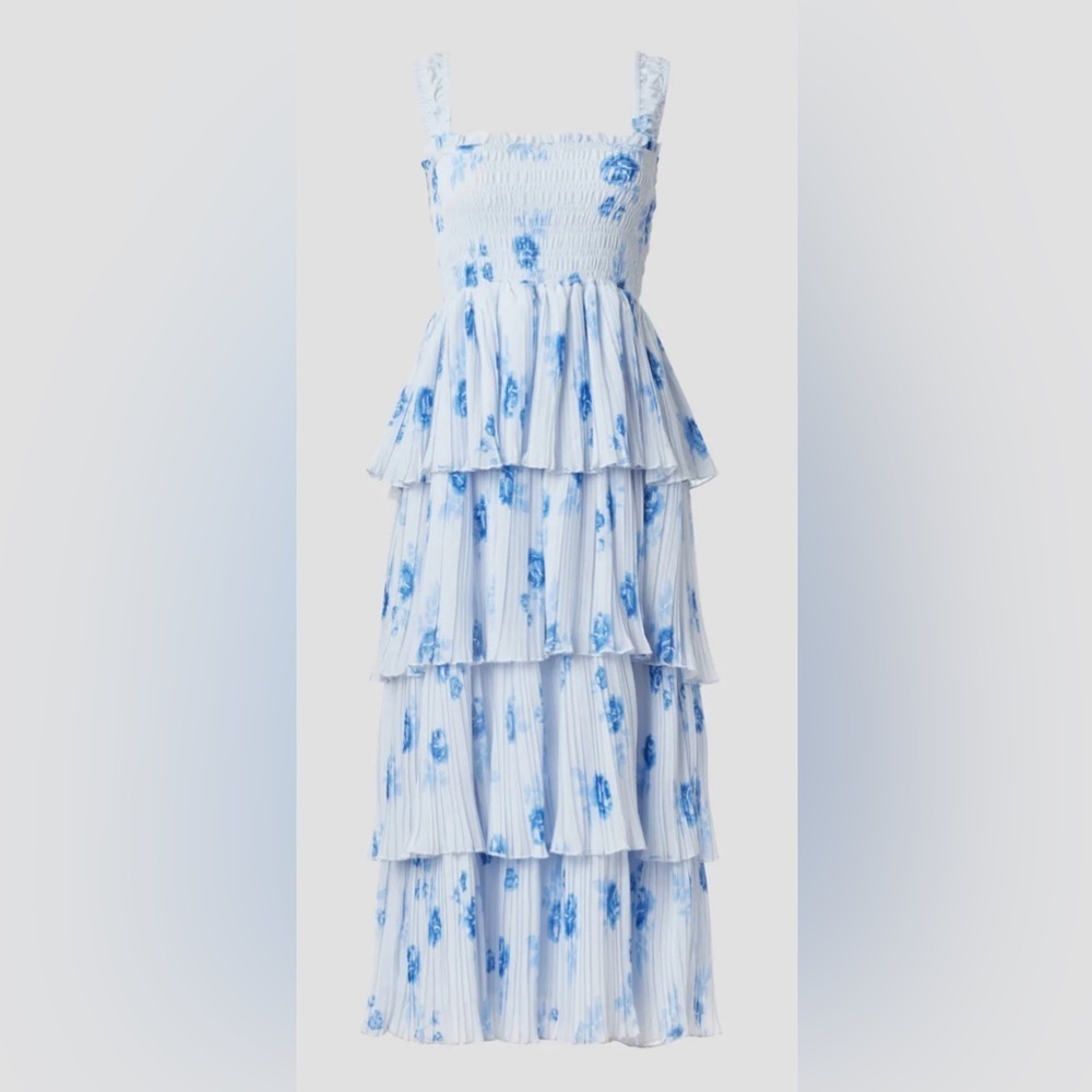 NEW Ganni Floral Pleated Georgette Heather Blue Midi-Dress SZ 34 US 2 - Picture 6 of 7